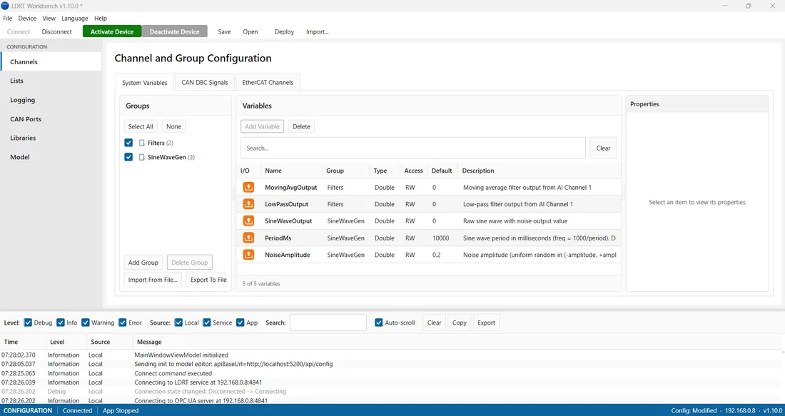 LDRT Workbench — channel and group configuration with live diagnostics log